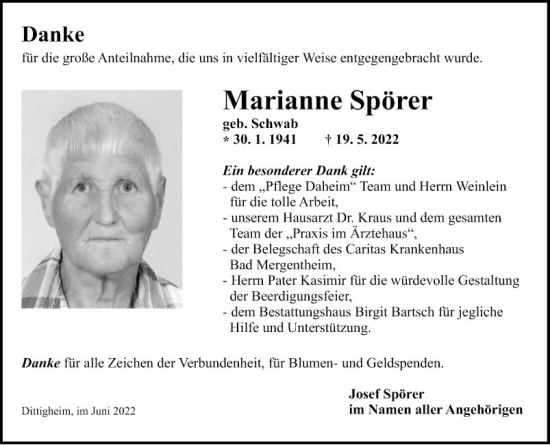 Traueranzeige von Marianne Spörer von Fränkische Nachrichten