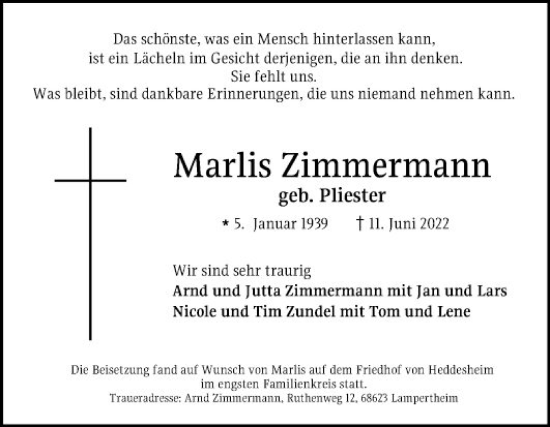 Traueranzeige von Marlis Zimmermann von Mannheimer Morgen