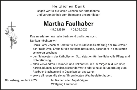 Traueranzeige von Martha Faulhaber von Fränkische Nachrichten