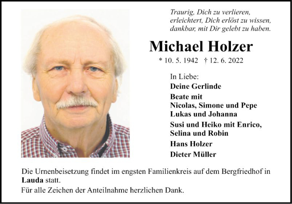  Traueranzeige für Michael Holzer vom 17.06.2022 aus Fränkische Nachrichten