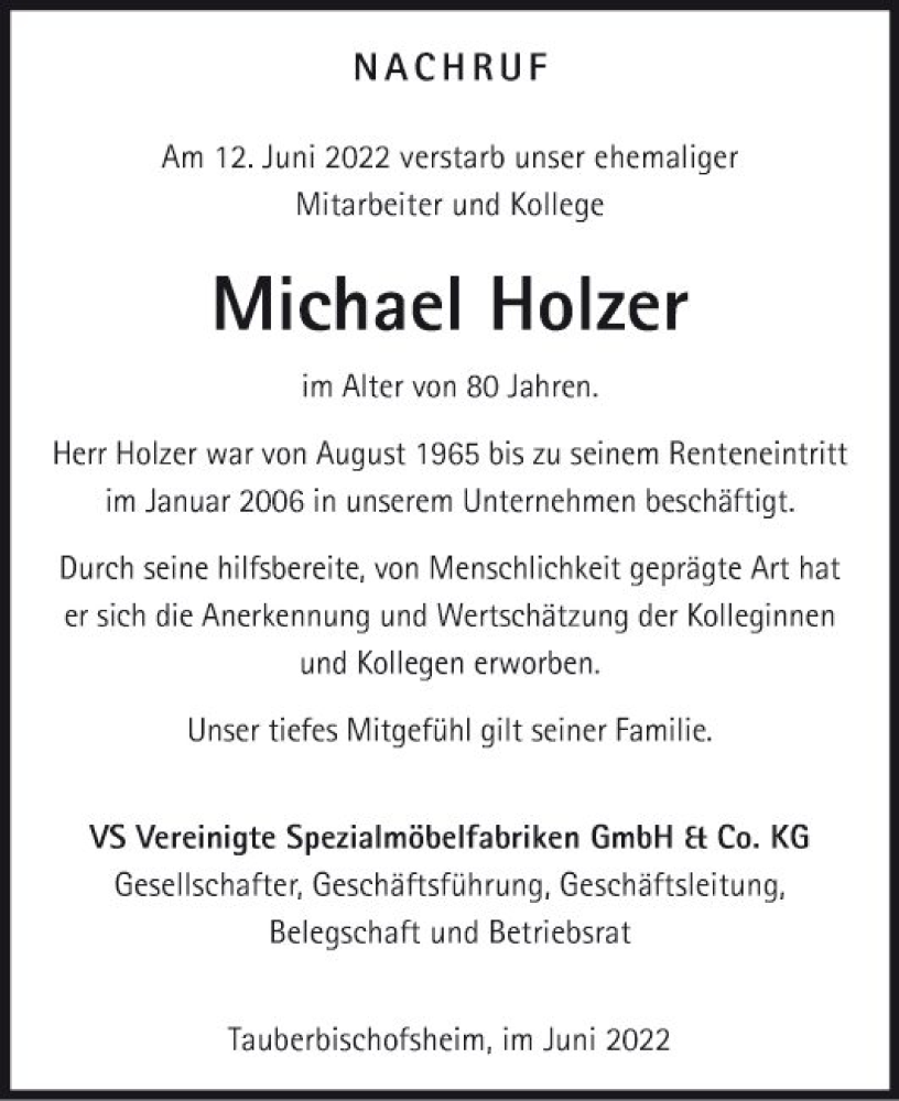  Traueranzeige für Michael Holzer vom 21.06.2022 aus Fränkische Nachrichten