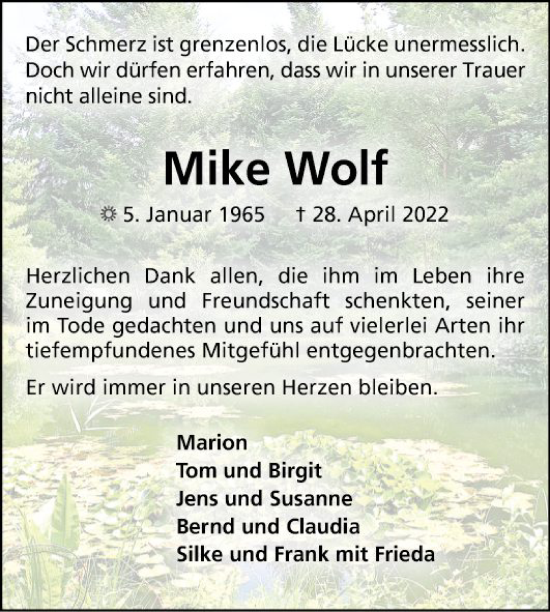 Traueranzeige von Mike Wolf von Mannheimer Morgen