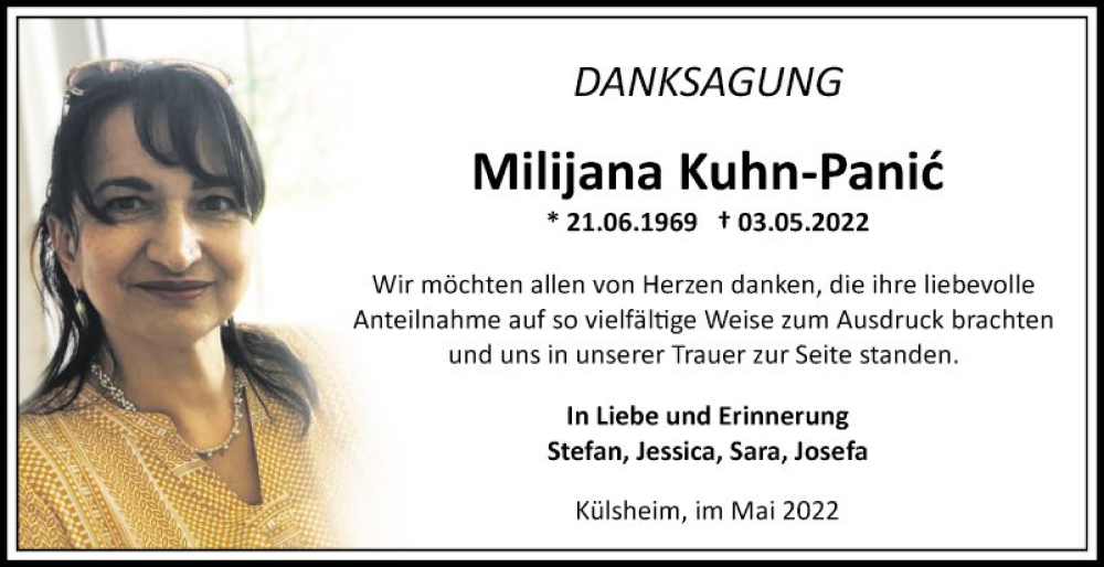  Traueranzeige für Milijana Kuhn-Panic vom 04.06.2022 aus Fränkische Nachrichten