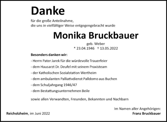 Traueranzeige von Monika Bruckbauer von Fränkische Nachrichten