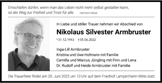 Traueranzeige von Nikolaus Silvester Armbruster von Mannheimer Morgen