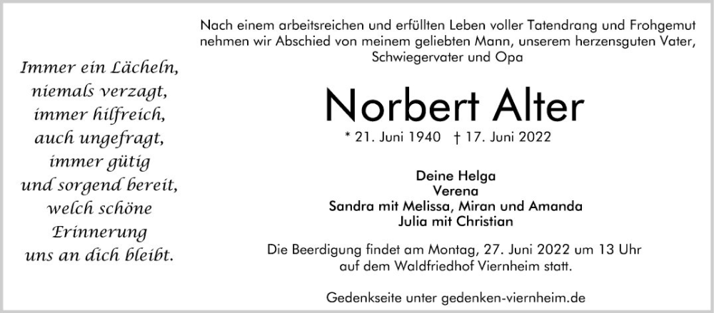  Traueranzeige für Norbert Alter vom 22.06.2022 aus Mannheimer Morgen