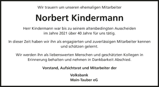 Traueranzeige von Norbert Kindermann von Fränkische Nachrichten