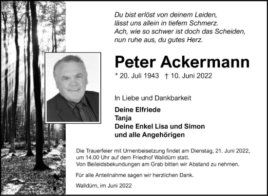 Traueranzeige von Peter Ackermann von Fränkische Nachrichten