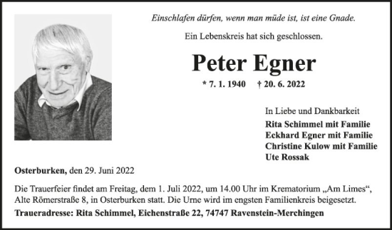 Traueranzeige von Peter Egner von Fränkische Nachrichten