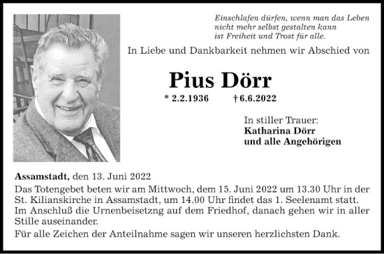 Traueranzeige von Pius Dörr von Fränkische Nachrichten