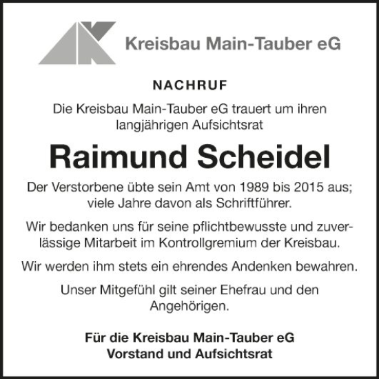 Traueranzeige von Raimund Scheidel von Fränkische Nachrichten