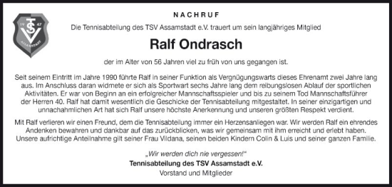 Traueranzeige von Ralf Ondrasch von Fränkische Nachrichten