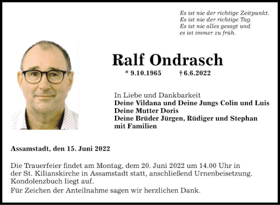 Traueranzeige von Ralf Ondrasch von Fränkische Nachrichten