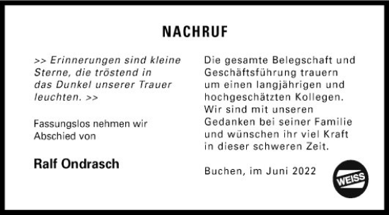 Traueranzeige von Ralf Ondrasch von Fränkische Nachrichten