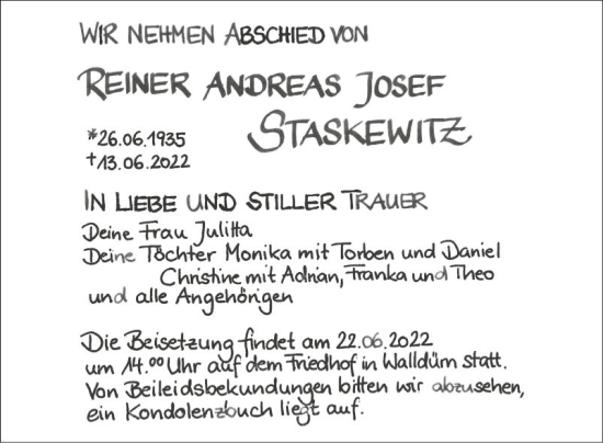 Traueranzeige von Reiner Andreas Josef Staskewitz von Fränkische Nachrichten