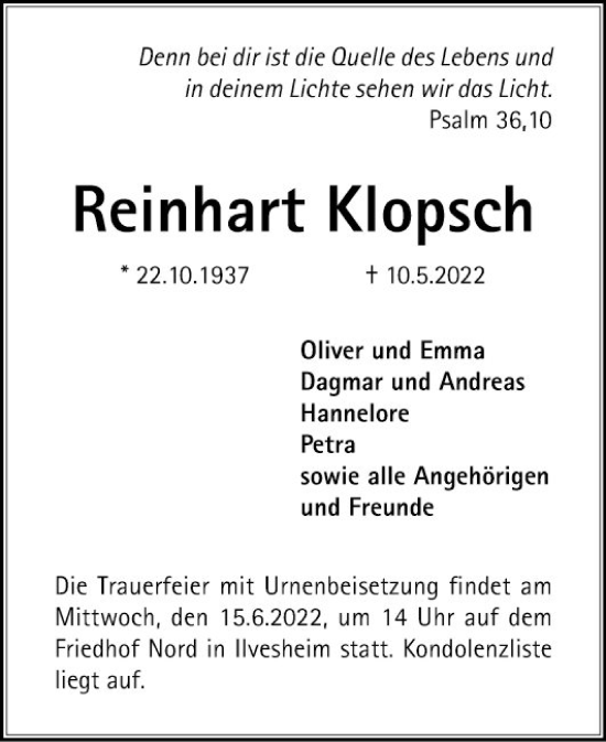 Traueranzeige von Reinhart Klopsch von Mannheimer Morgen