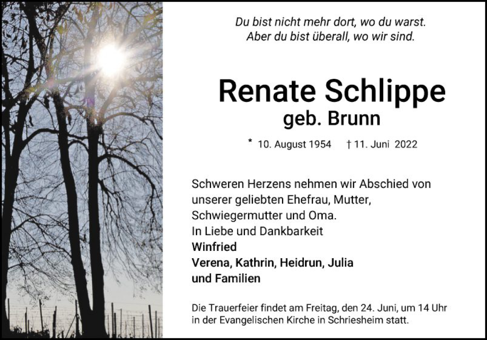  Traueranzeige für Renate Schlippe vom 18.06.2022 aus Mannheimer Morgen