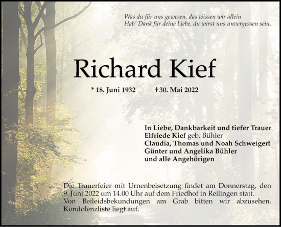 Traueranzeige von Richard Kief von Schwetzinger Zeitung