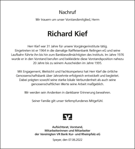 Traueranzeige von Richard Kief von Schwetzinger Zeitung