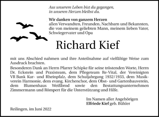 Traueranzeige von Richard Kief von Schwetzinger Zeitung