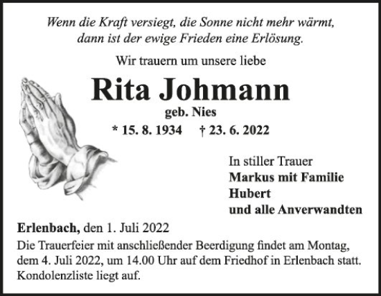 Traueranzeige von Rita Johmann von Fränkische Nachrichten