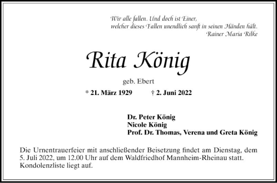 Traueranzeige von Rita König von Mannheimer Morgen