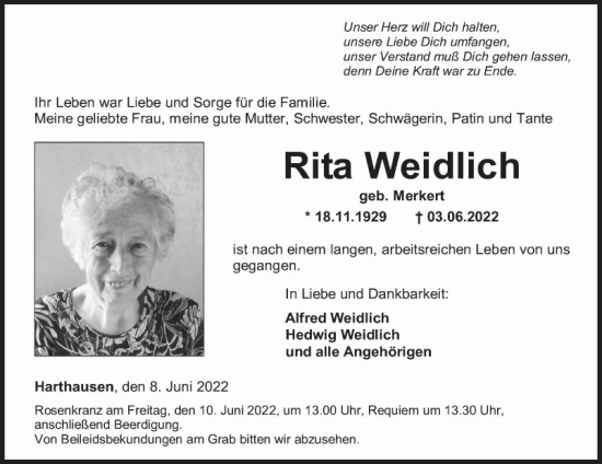 Traueranzeige von Rita Weidlich von Fränkische Nachrichten