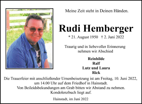 Traueranzeige von Rudi Hemberger von Fränkische Nachrichten