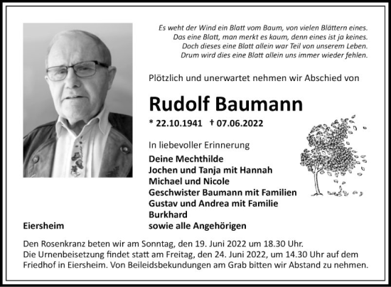 Traueranzeige von Rudolf Baumann von Fränkische Nachrichten