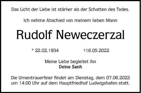 Traueranzeige von Rudolf Neweczerzal von Mannheimer Morgen