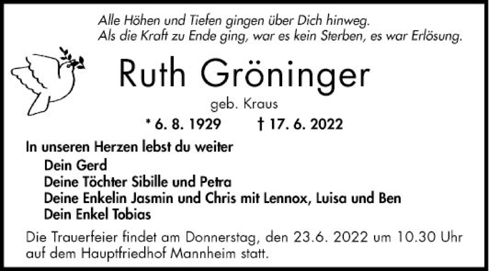  Traueranzeige für Ruth Gröninger vom 18.06.2022 aus Mannheimer Morgen