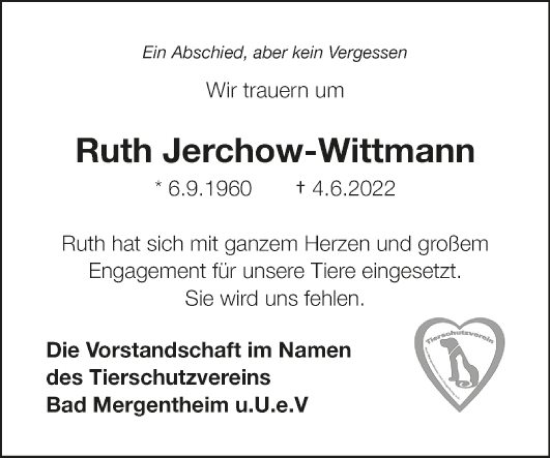 Traueranzeige von Ruth Jerchow-Wittmann von Fränkische Nachrichten