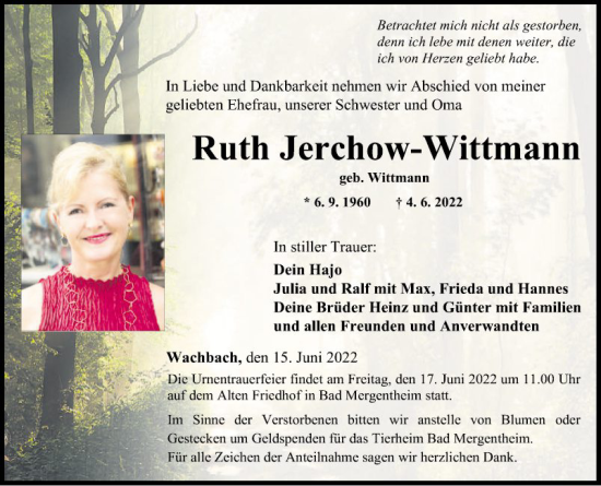 Traueranzeige von Ruth Jerchow-Wittmann von Fränkische Nachrichten