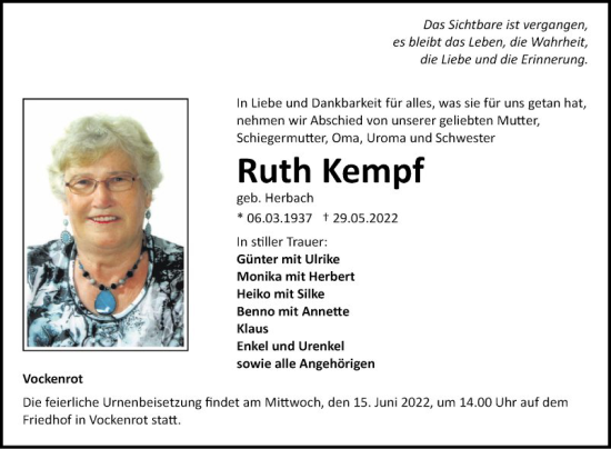 Traueranzeige von Ruth Kempf von Fränkische Nachrichten