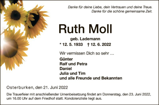 Traueranzeige von Ruth Moll von Fränkische Nachrichten