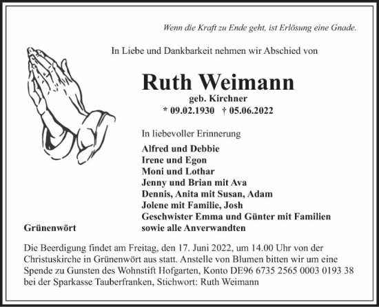 Traueranzeige von Ruth Weimann von Fränkische Nachrichten