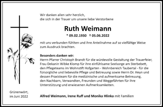 Traueranzeige von Ruth Weimann von Fränkische Nachrichten