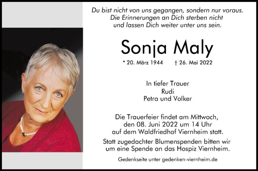  Traueranzeige für Sonja Maly vom 04.06.2022 aus Mannheimer Morgen
