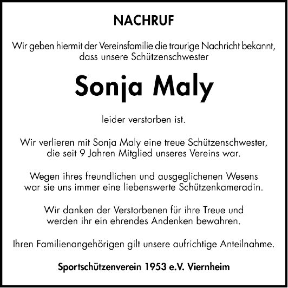  Traueranzeige für Sonja Maly vom 04.06.2022 aus Mannheimer Morgen