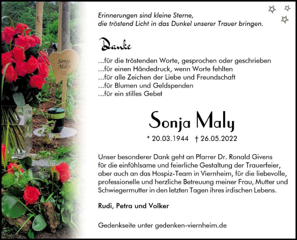  Traueranzeige für Sonja Maly vom 11.06.2022 aus Mannheimer Morgen