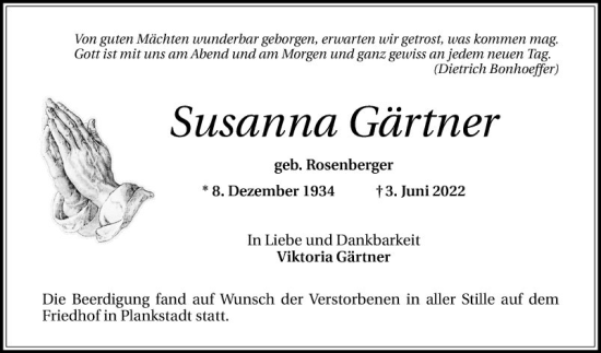 Traueranzeige von Susanna Gärtner von Schwetzinger Zeitung