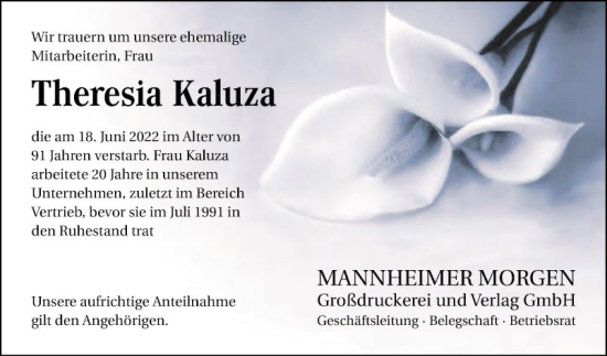 Traueranzeige von Theresia Kaluza von Mannheimer Morgen