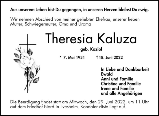 Traueranzeige von Theresia Kaluza von Mannheimer Morgen