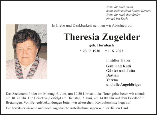 Traueranzeige von Theresia Zugelder von Fränkische Nachrichten