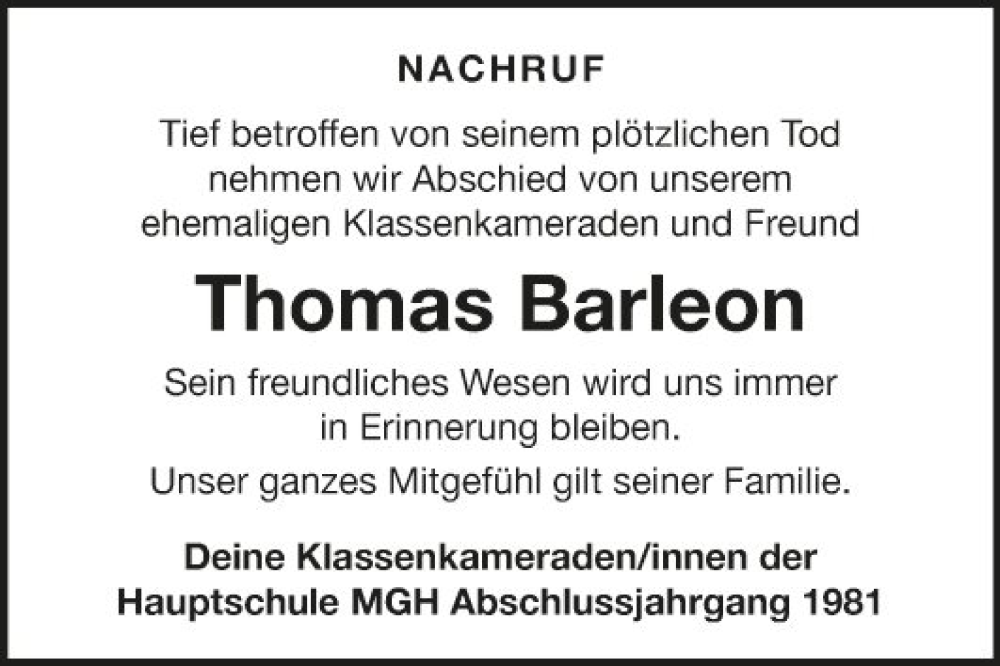  Traueranzeige für Thomas Barleon vom 27.06.2022 aus Fränkische Nachrichten