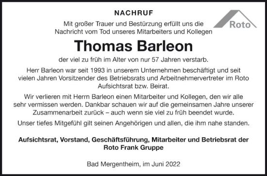 Traueranzeige von Thomas Barleon von Fränkische Nachrichten