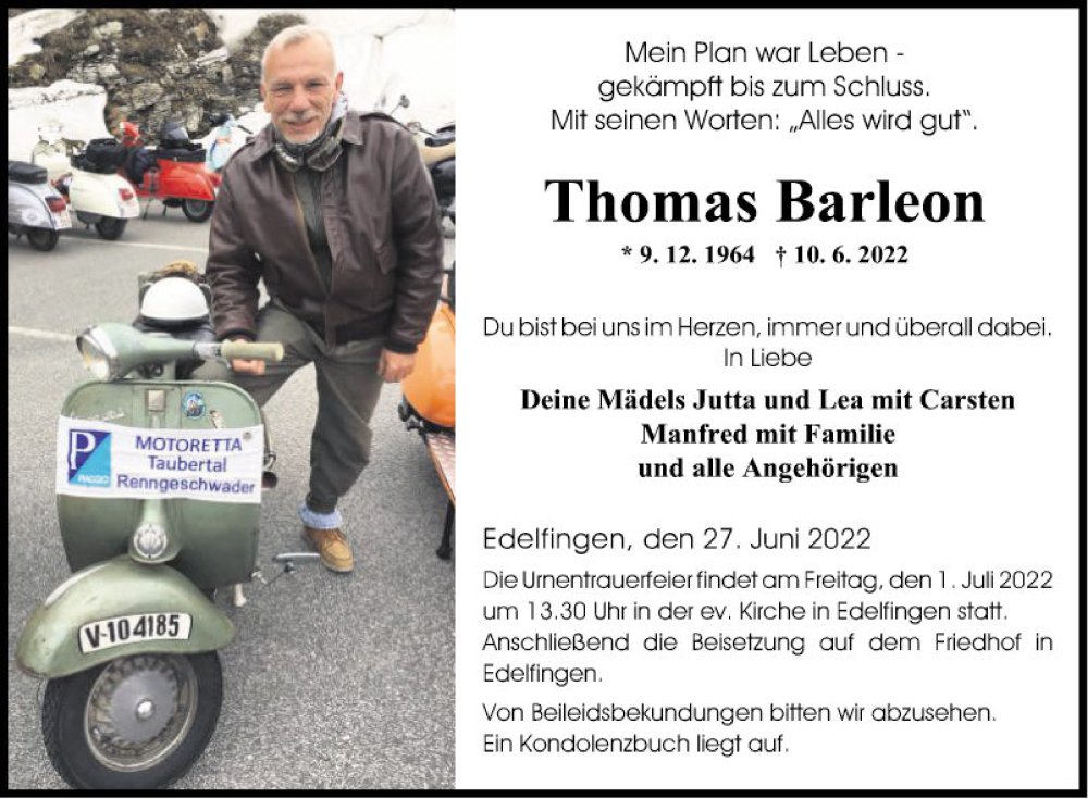  Traueranzeige für Thomas Barleon vom 27.06.2022 aus Fränkische Nachrichten