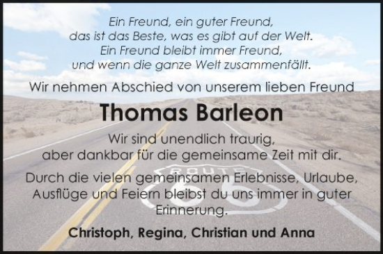 Traueranzeige von Thomas Barleon von Fränkische Nachrichten