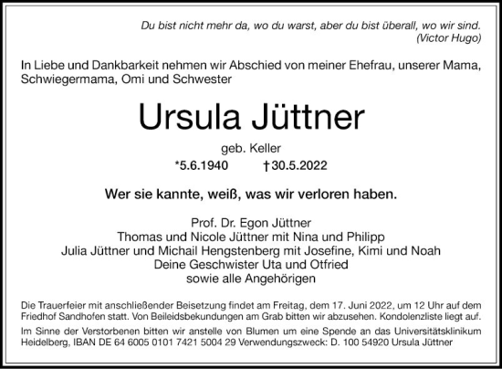 Traueranzeige von Ursula Jüttner von Mannheimer Morgen