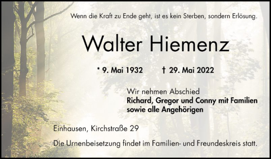 Traueranzeige von Walter Hiemenz von Bergsträßer Anzeiger